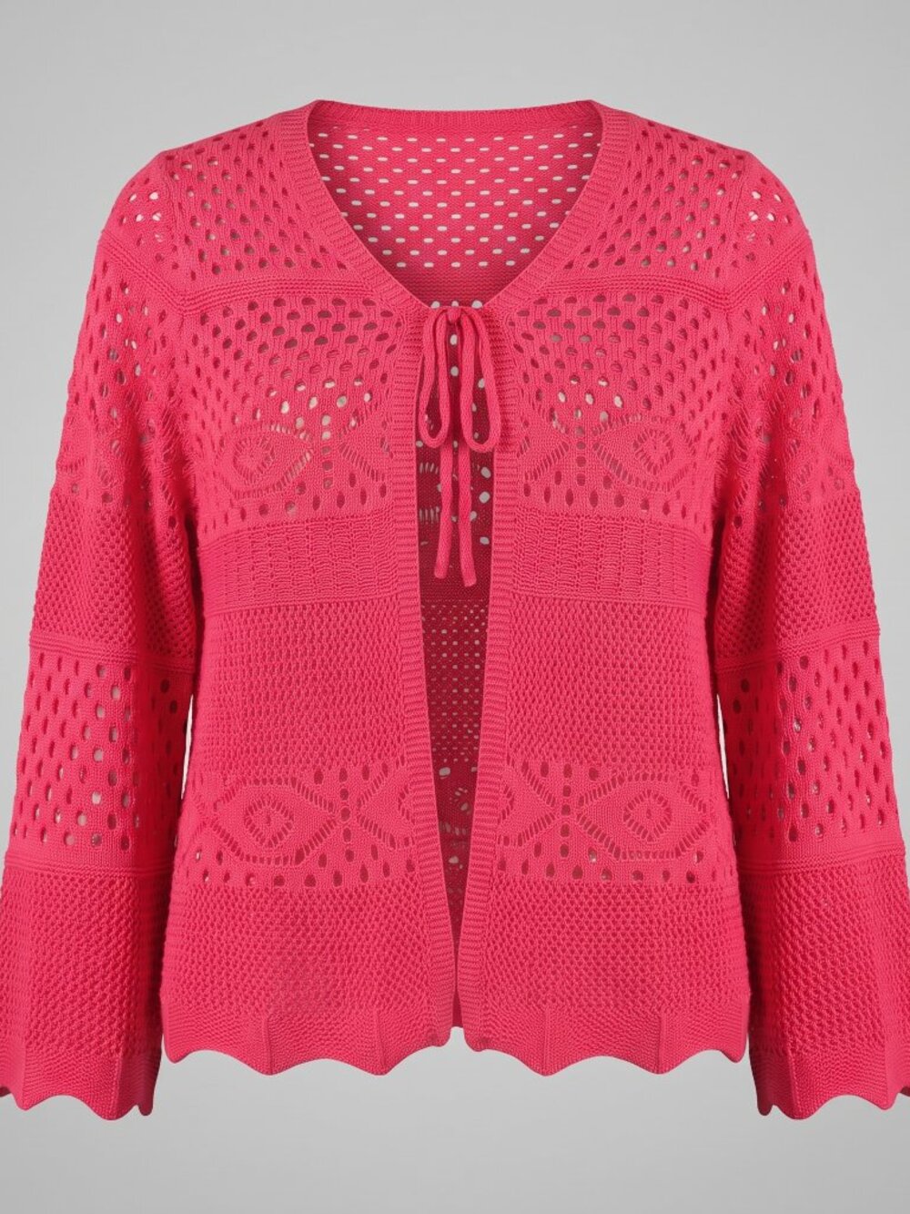 Hot Pink Open Knit Pointelle Tie Front Cardigan, Size L, Bell Sleeve, Scalloped